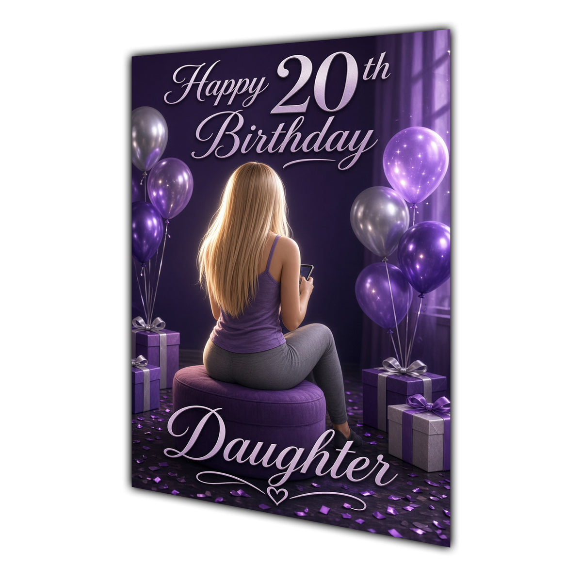 Daughter 20th Birthday Card - Girl with Phone and Purple Balloons