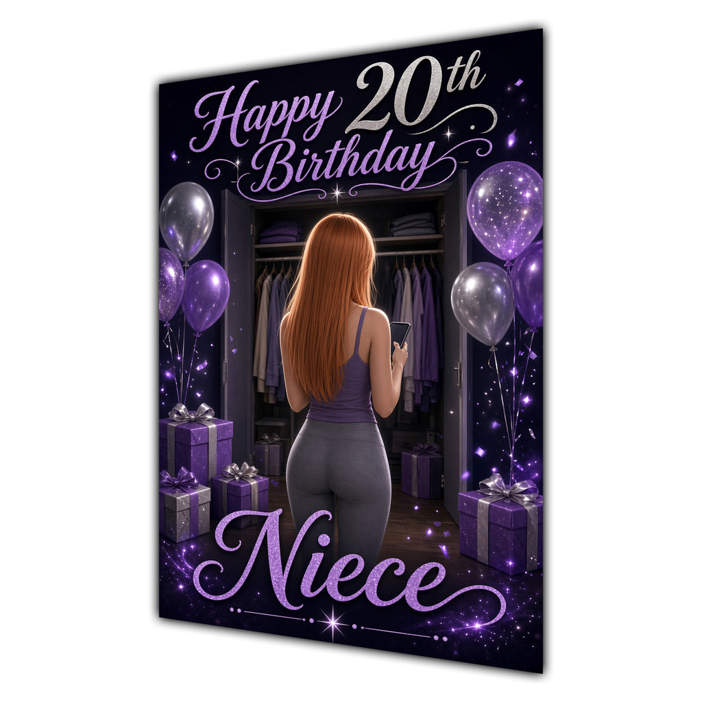 Niece 20th Birthday Card - Girl with Phone and Purple Balloons