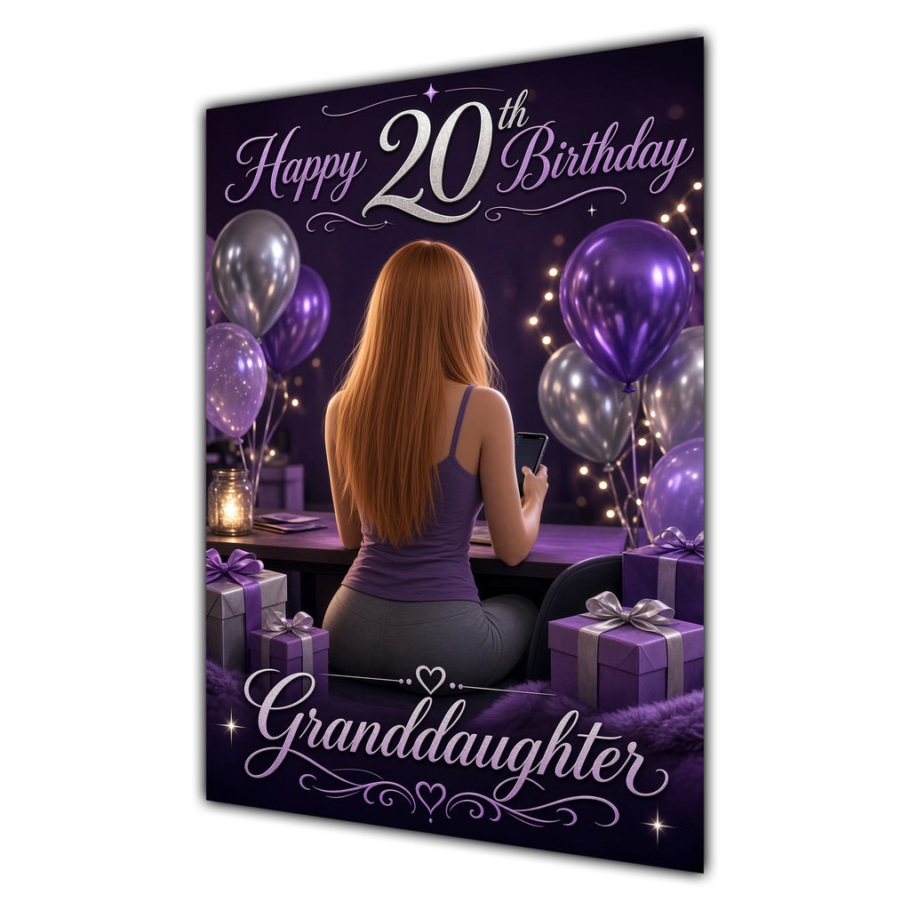Granddaughter 20th Birthday Card - Girl with Phone and Purple Balloons