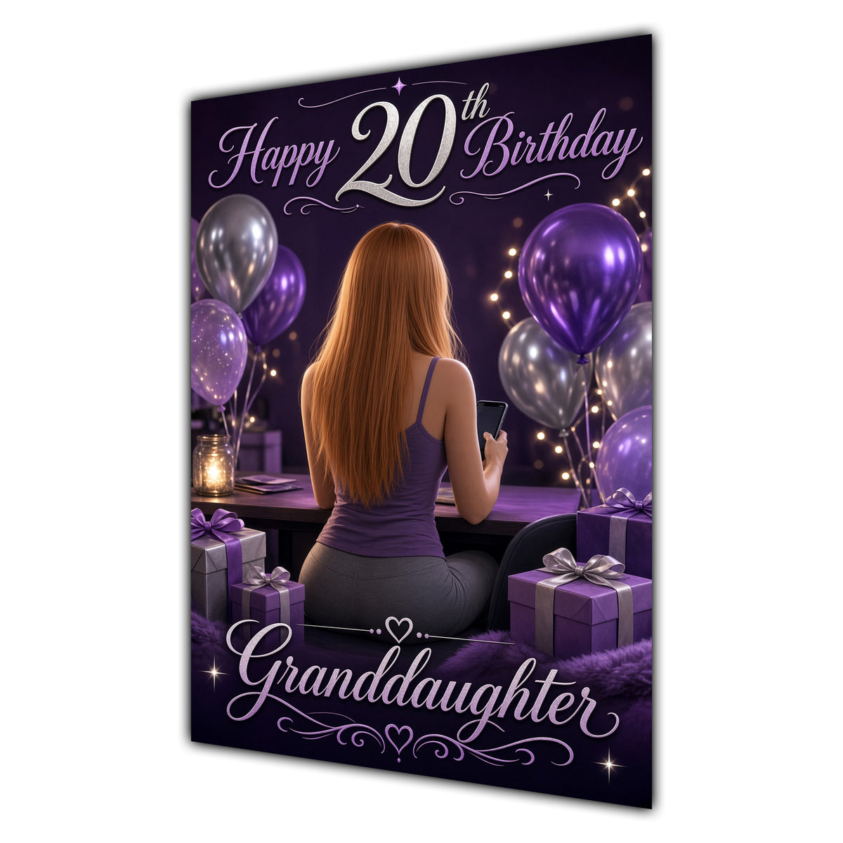 Granddaughter 20th Birthday Card - Girl with Phone and Purple Balloons
