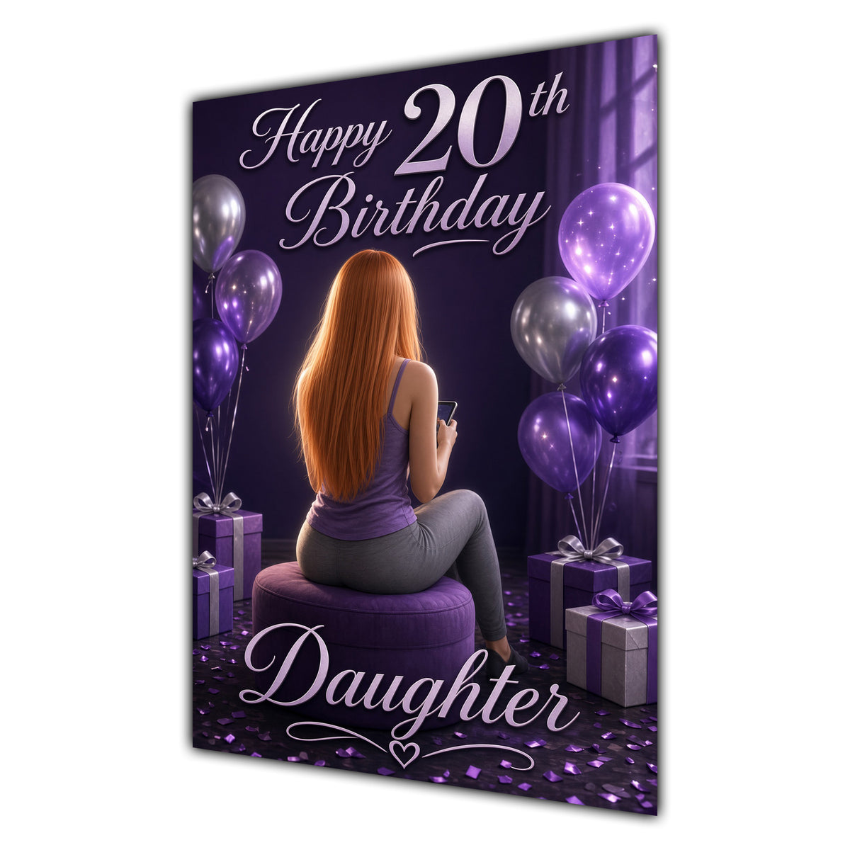 Daughter 20th Birthday Card - Girl with Phone and Purple Balloons