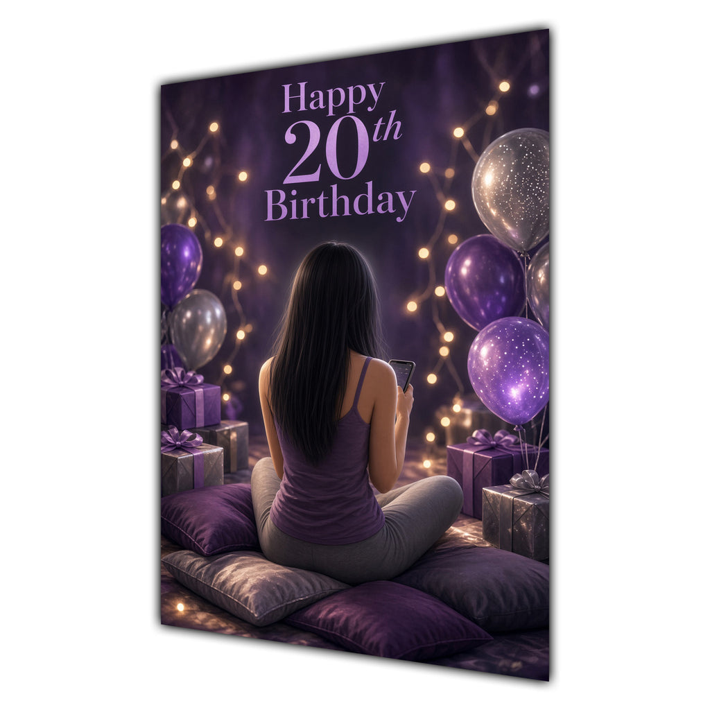 20th Birthday Card - Girl with Phone and Purple Balloons