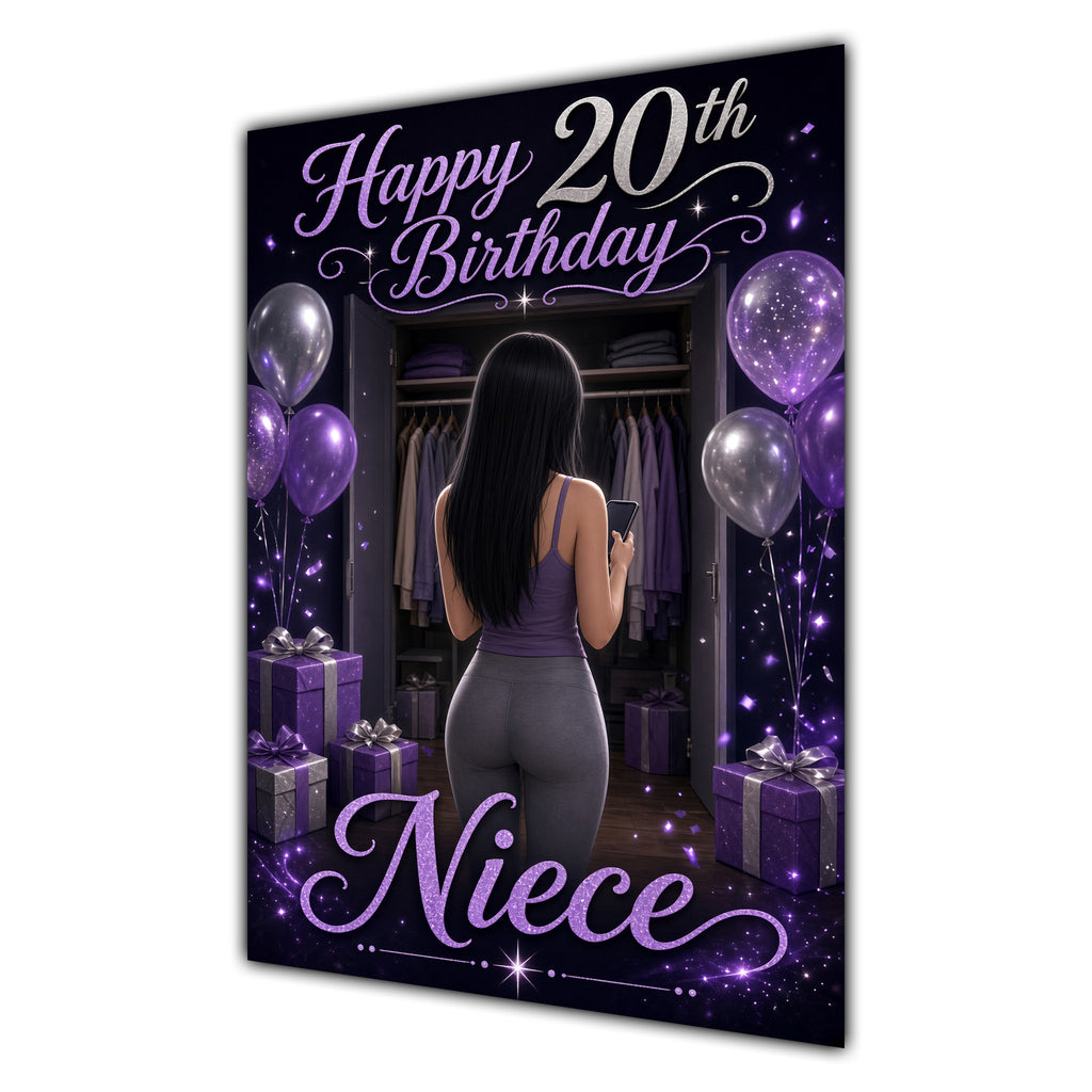 Niece 20th Birthday Card - Girl with Phone and Purple Balloons