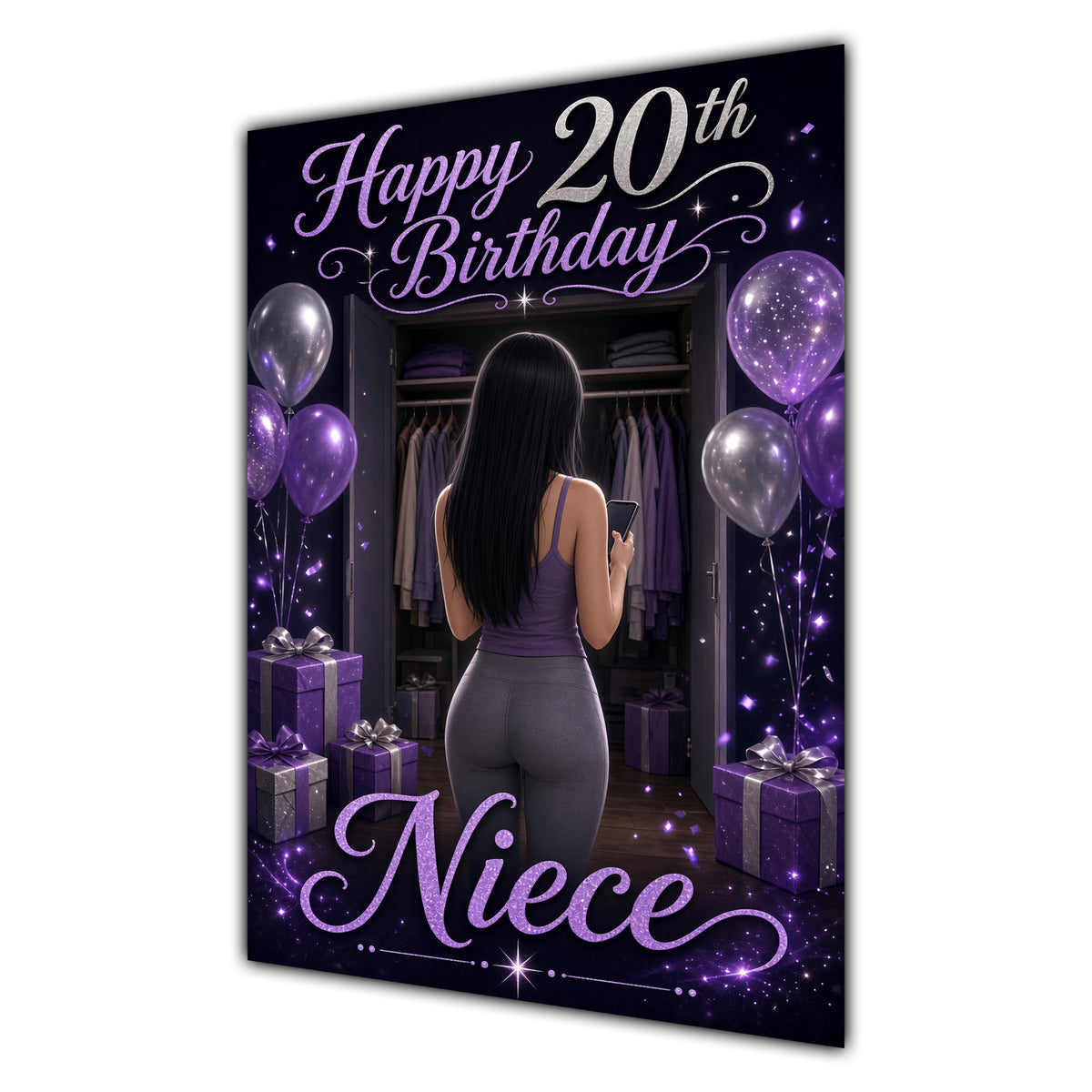 Niece 20th Birthday Card - Girl with Phone and Purple Balloons