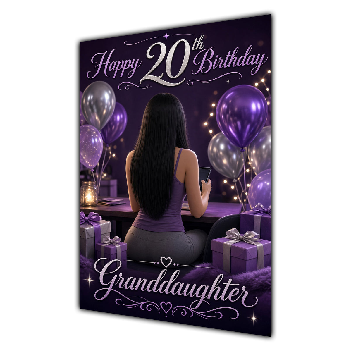 Granddaughter 20th Birthday Card - Girl with Phone and Purple Balloons