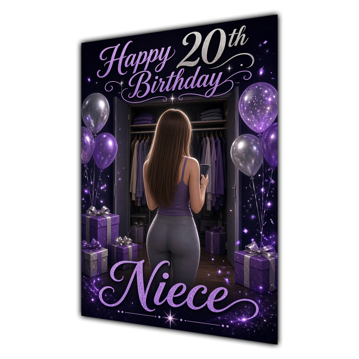 Niece 20th Birthday Card - Girl with Phone and Purple Balloons