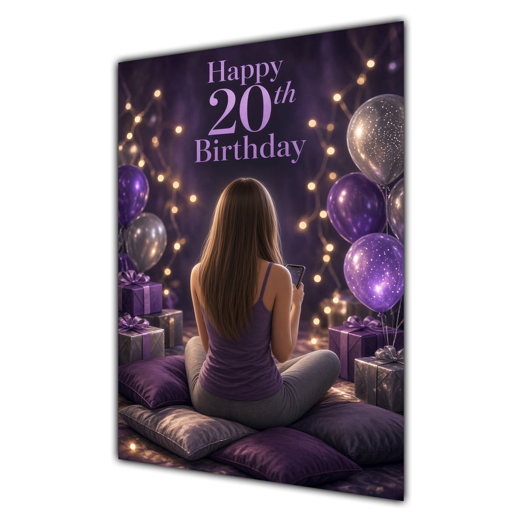 20th Birthday Card - Girl with Phone and Purple Balloons