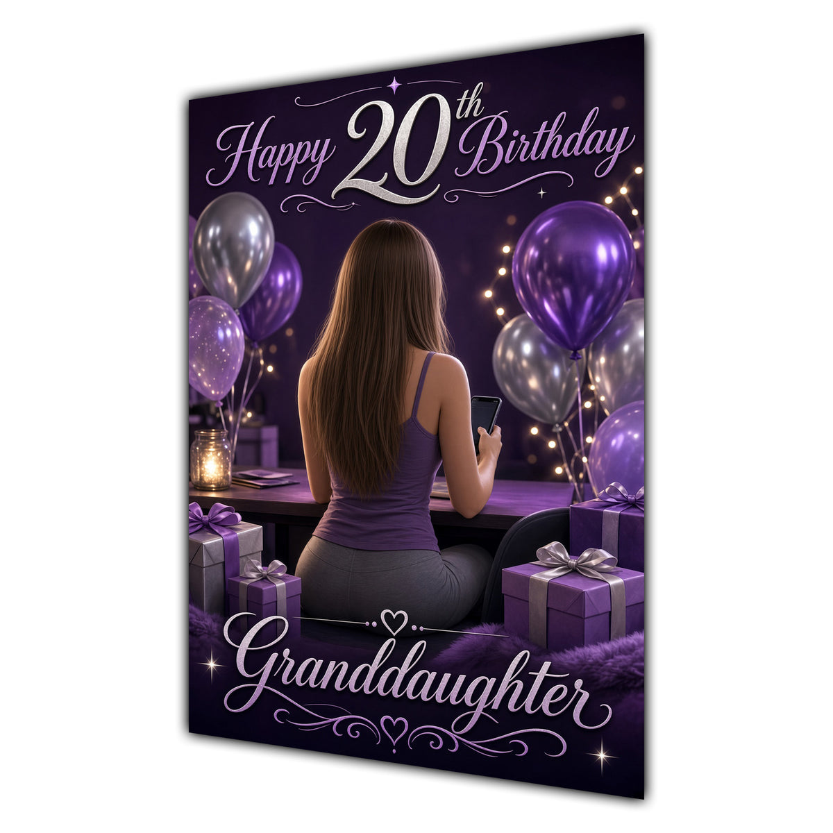 Granddaughter 20th Birthday Card - Girl with Phone and Purple Balloons