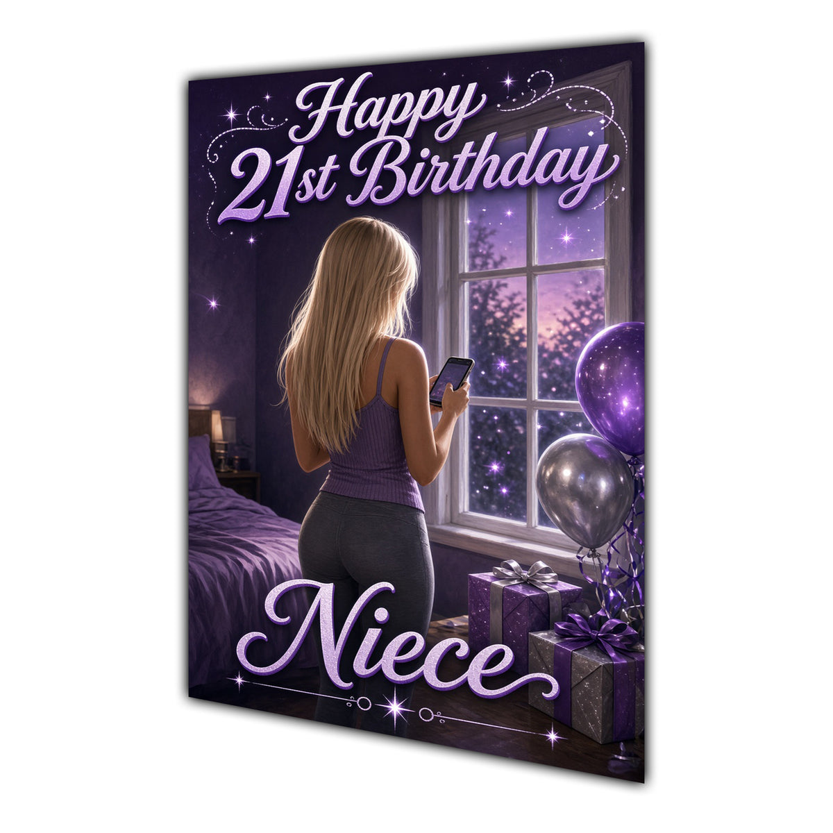 Niece 21st Birthday Card - Girl with Phone and Purple Balloons