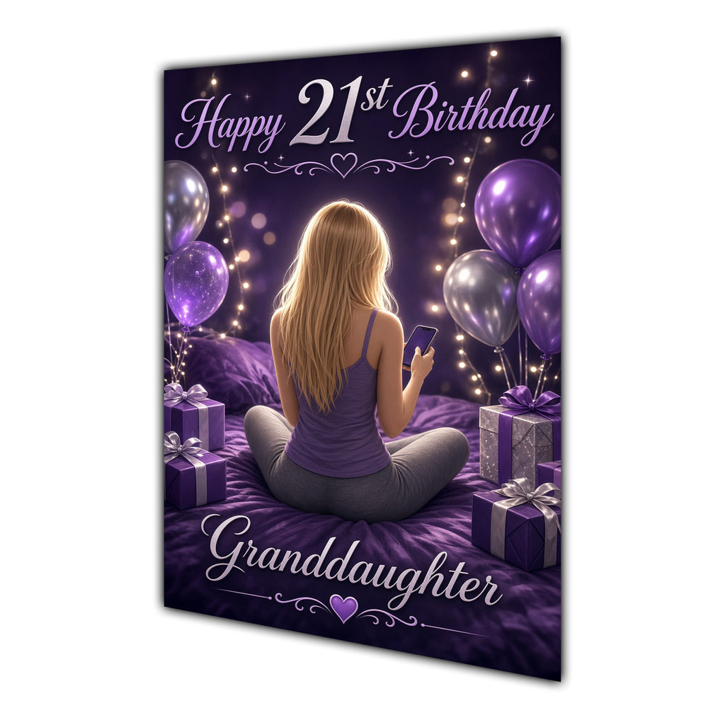 Granddaughter 21st Birthday Card - Girl with Phone and Purple Balloons