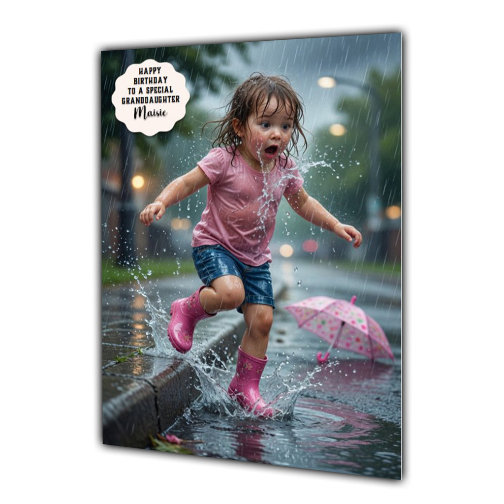 Personalised Birthday Card - Girl Splashing in Puddles - Brown Hair