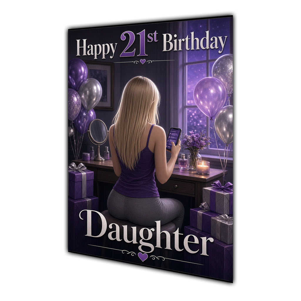 Daughter 21st Birthday Card - Girl with Phone and Purple Balloons