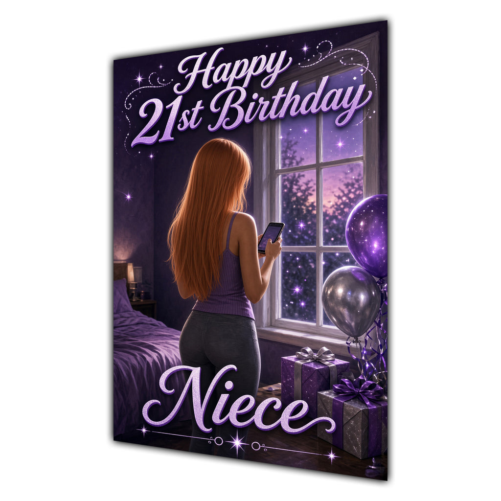 Niece 21st Birthday Card - Girl with Phone and Purple Balloons