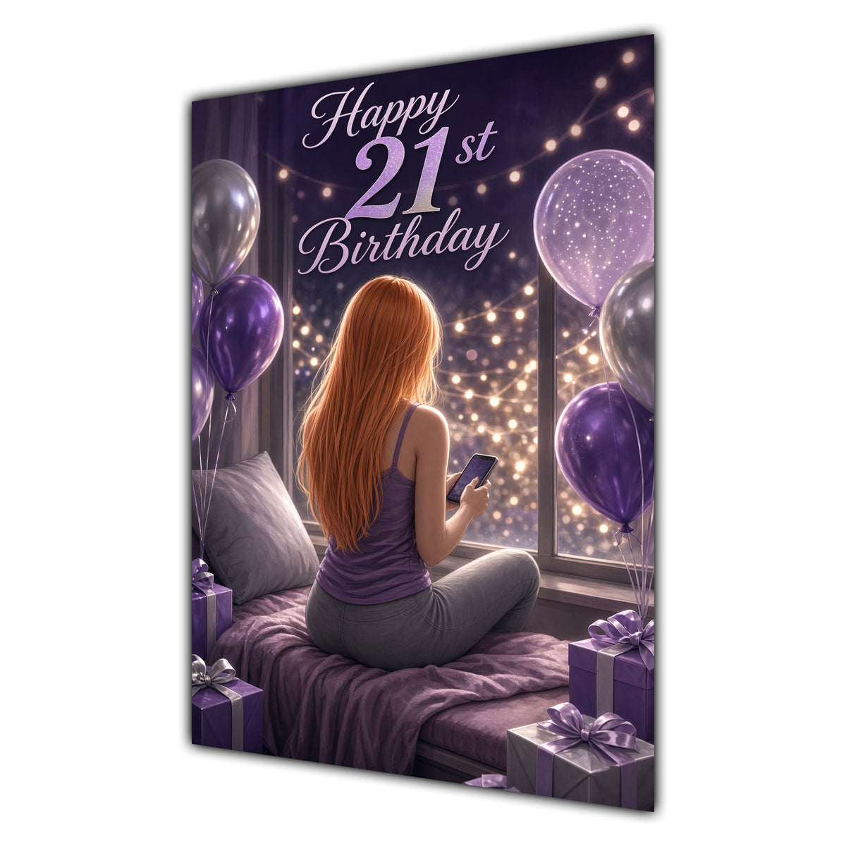 21st Birthday Card - Girl with Phone and Purple Balloons