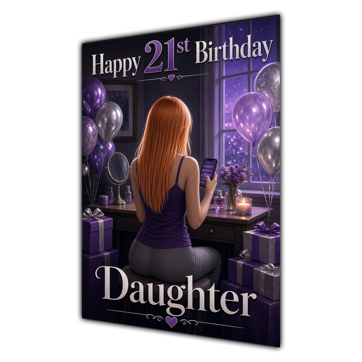 Daughter 21st Birthday Card - Girl with Phone and Purple Balloons