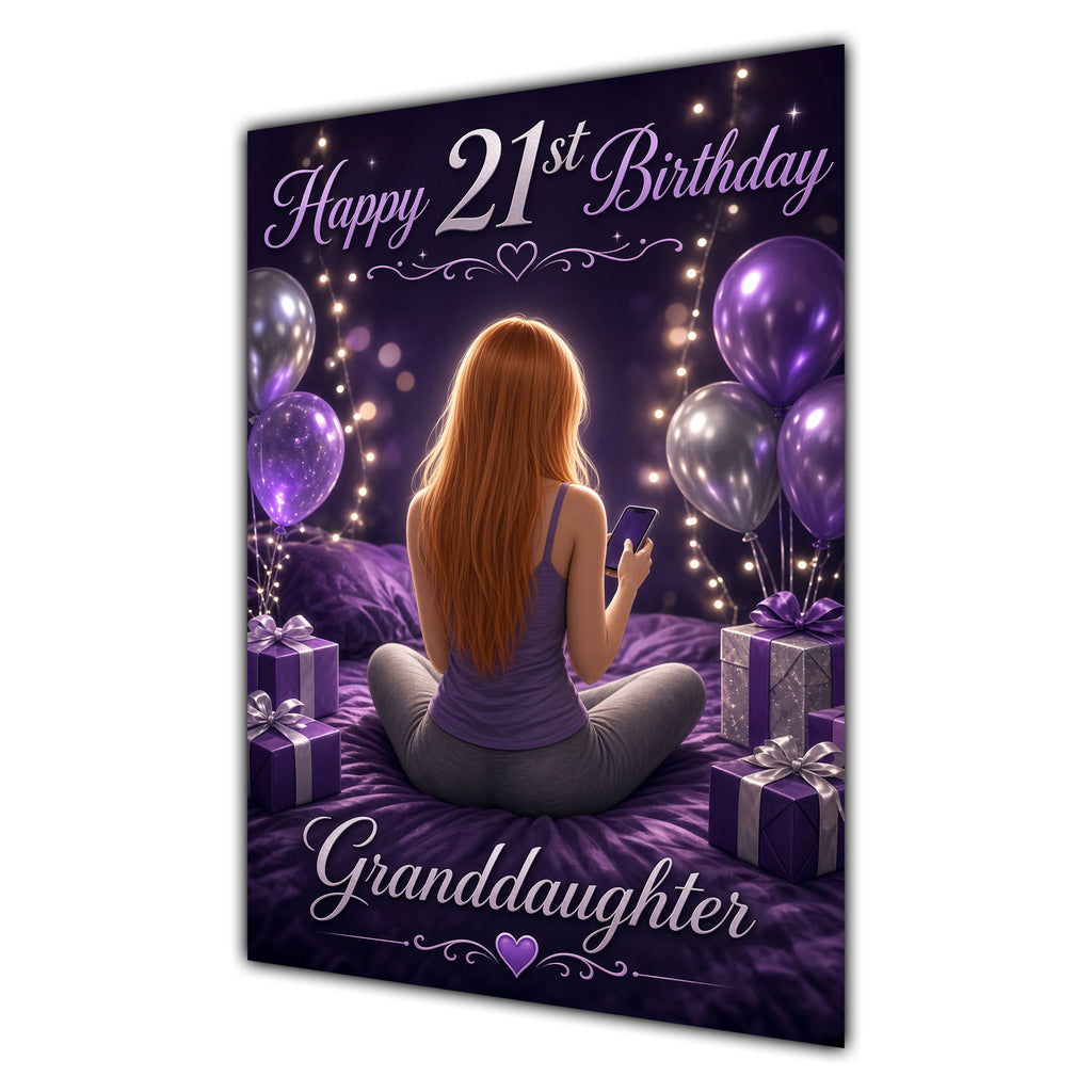 Granddaughter 21st Birthday Card - Girl with Phone and Purple Balloons