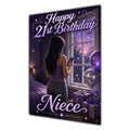 Niece 21st Birthday Card - Girl with Phone and Purple Balloons