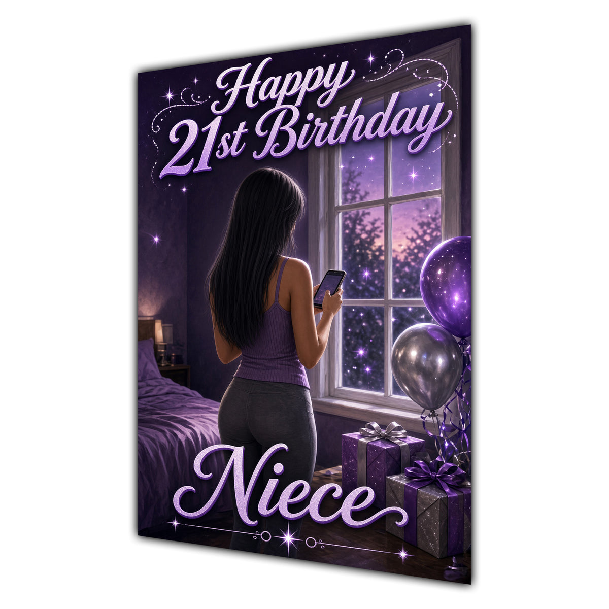Niece 21st Birthday Card - Girl with Phone and Purple Balloons