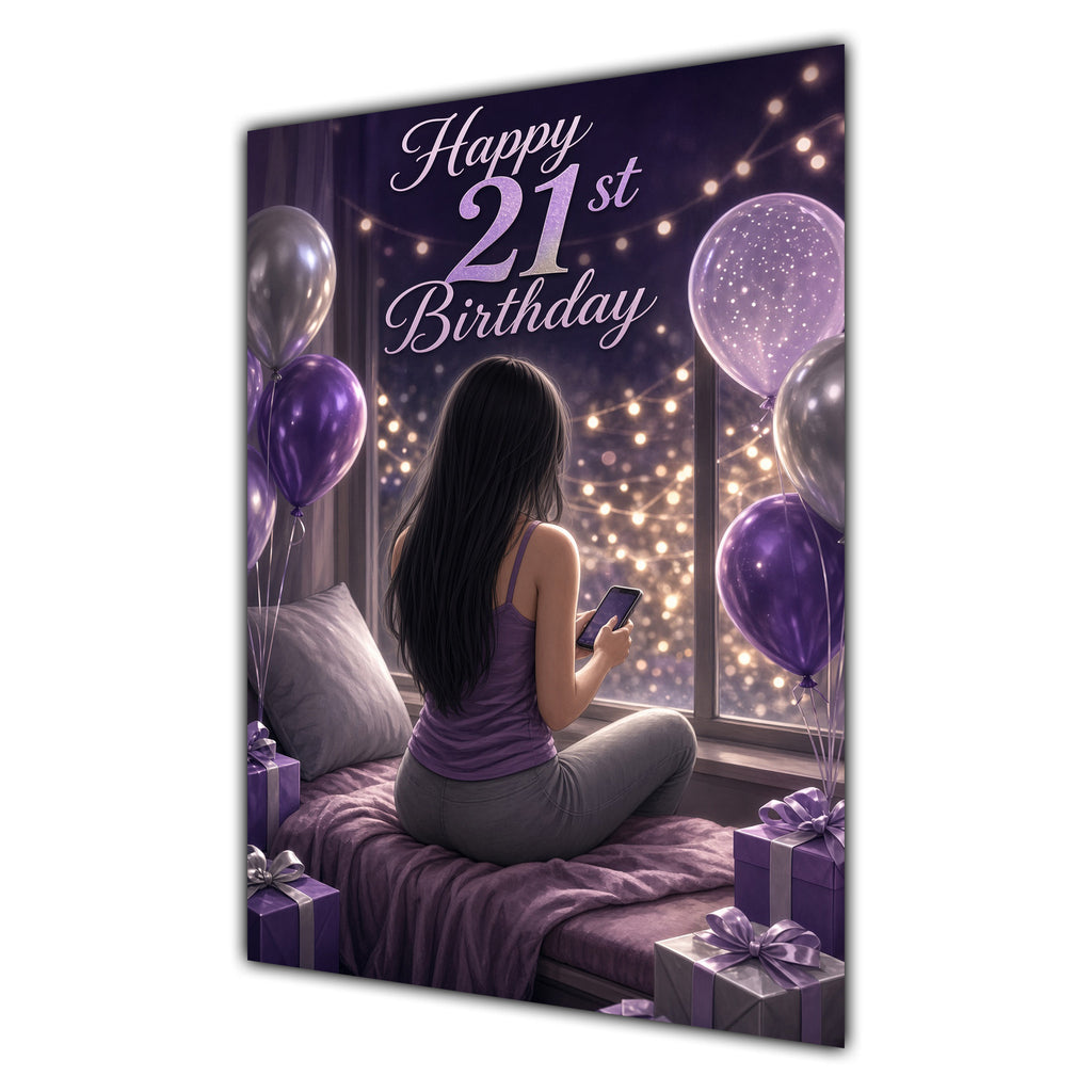 21st Birthday Card - Girl with Phone and Purple Balloons