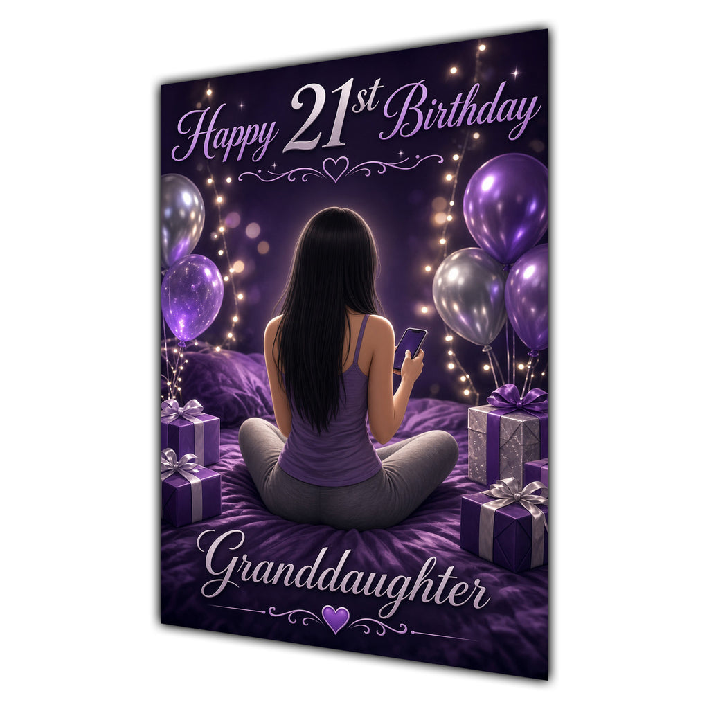Granddaughter 21st Birthday Card - Girl with Phone and Purple Balloons