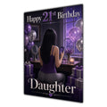 Daughter 21st Birthday Card - Girl with Phone and Purple Balloons
