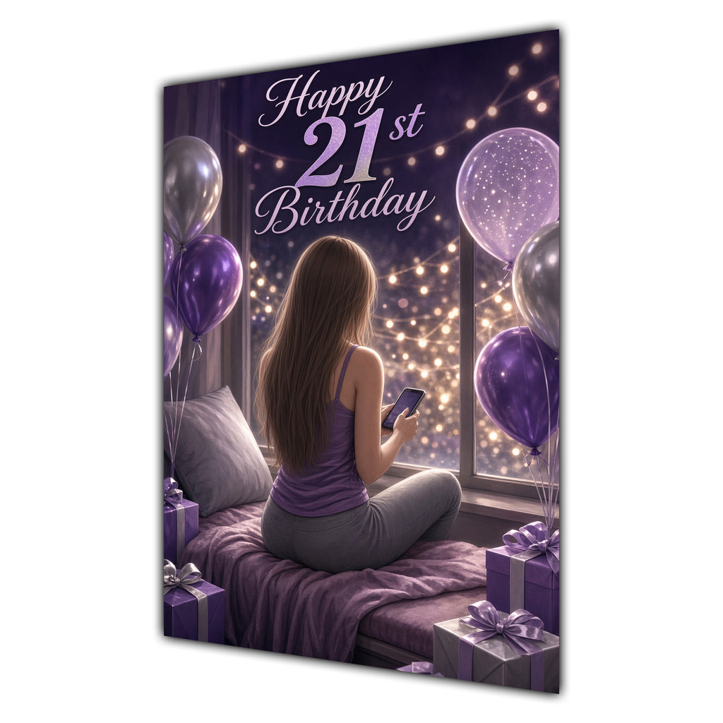 21st Birthday Card - Girl with Phone and Purple Balloons