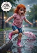 Personalised Birthday Card - Girl Splashing in Puddles - Ginger Hair