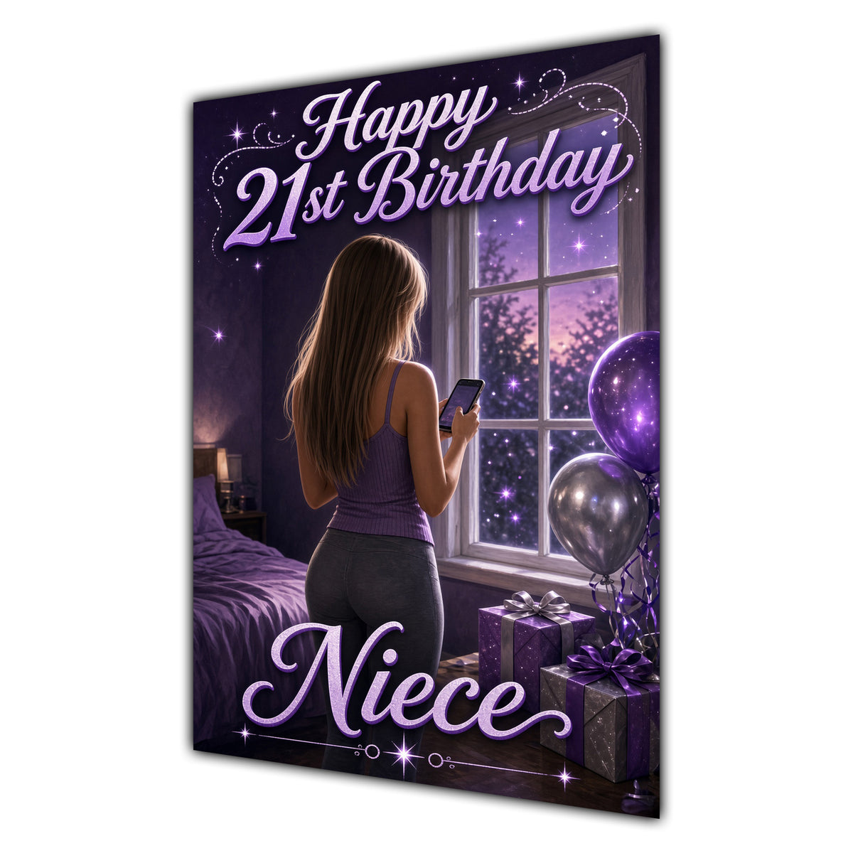 Niece 21st Birthday Card - Girl with Phone and Purple Balloons