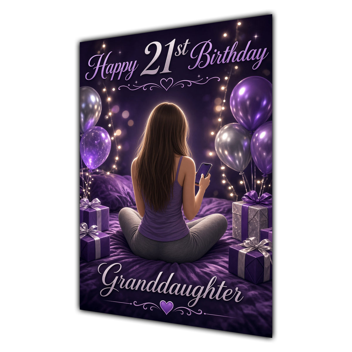 Granddaughter 21st Birthday Card - Girl with Phone and Purple Balloons