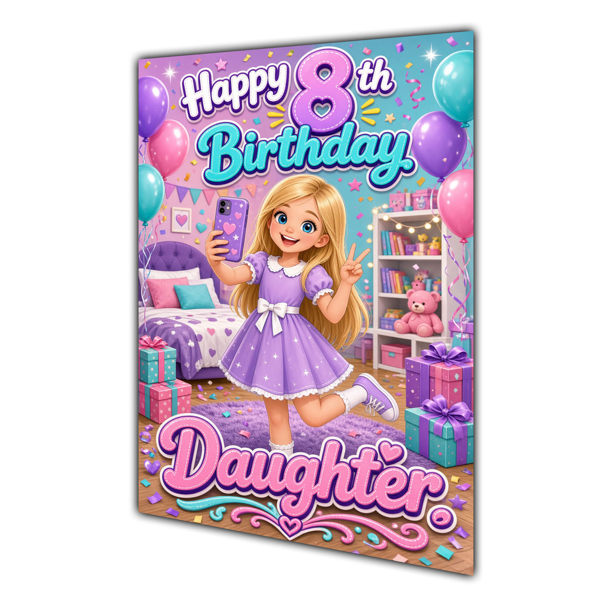 Happy 8th Birthday Colourful Bedroom Greeting Card A5