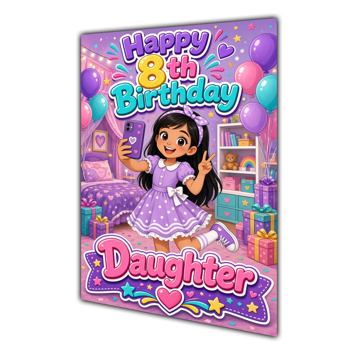 Happy 8th Birthday Colourful Bedroom Greeting Card A5