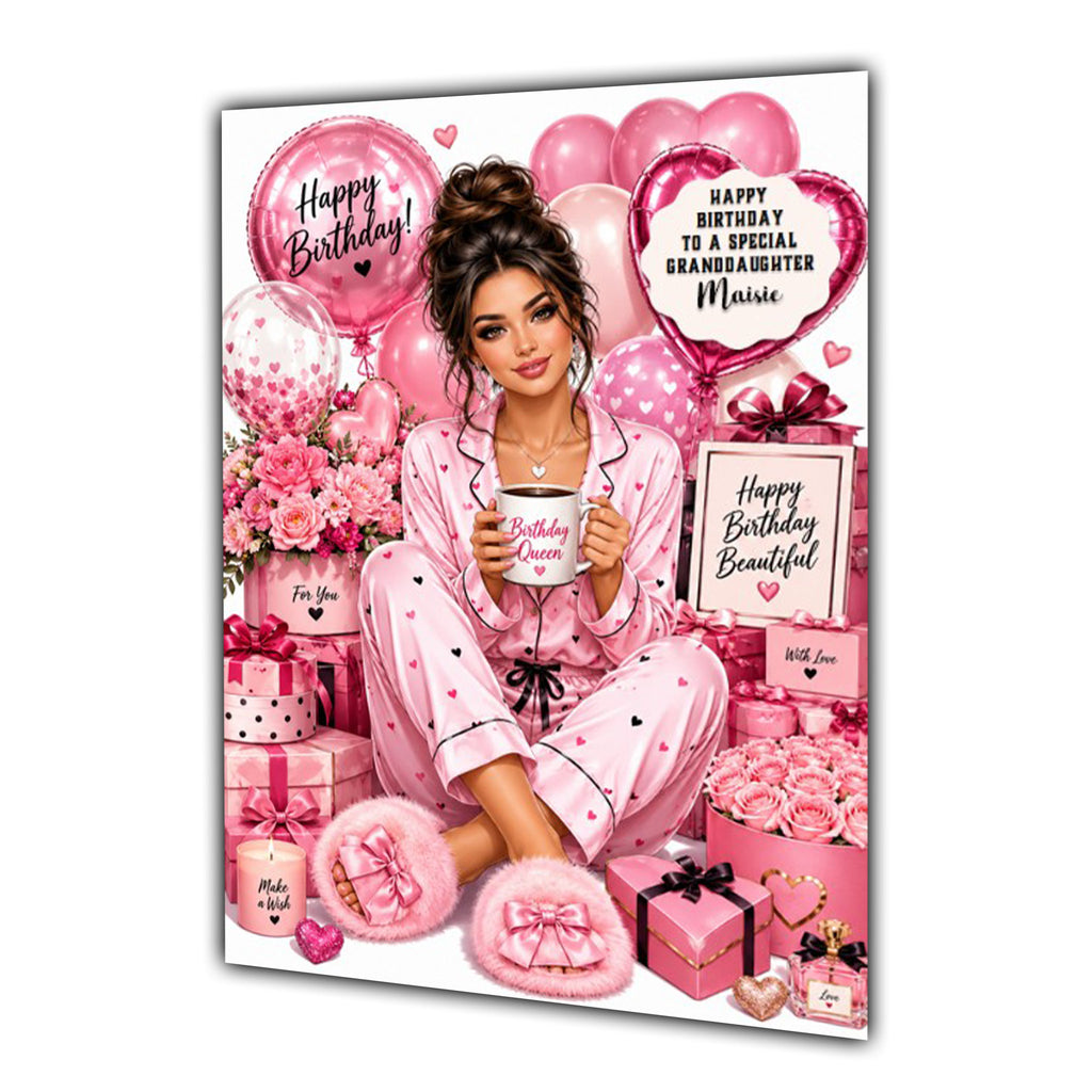 Personalised Birthday Card - Woman in Pyjamas with Birthday Presents