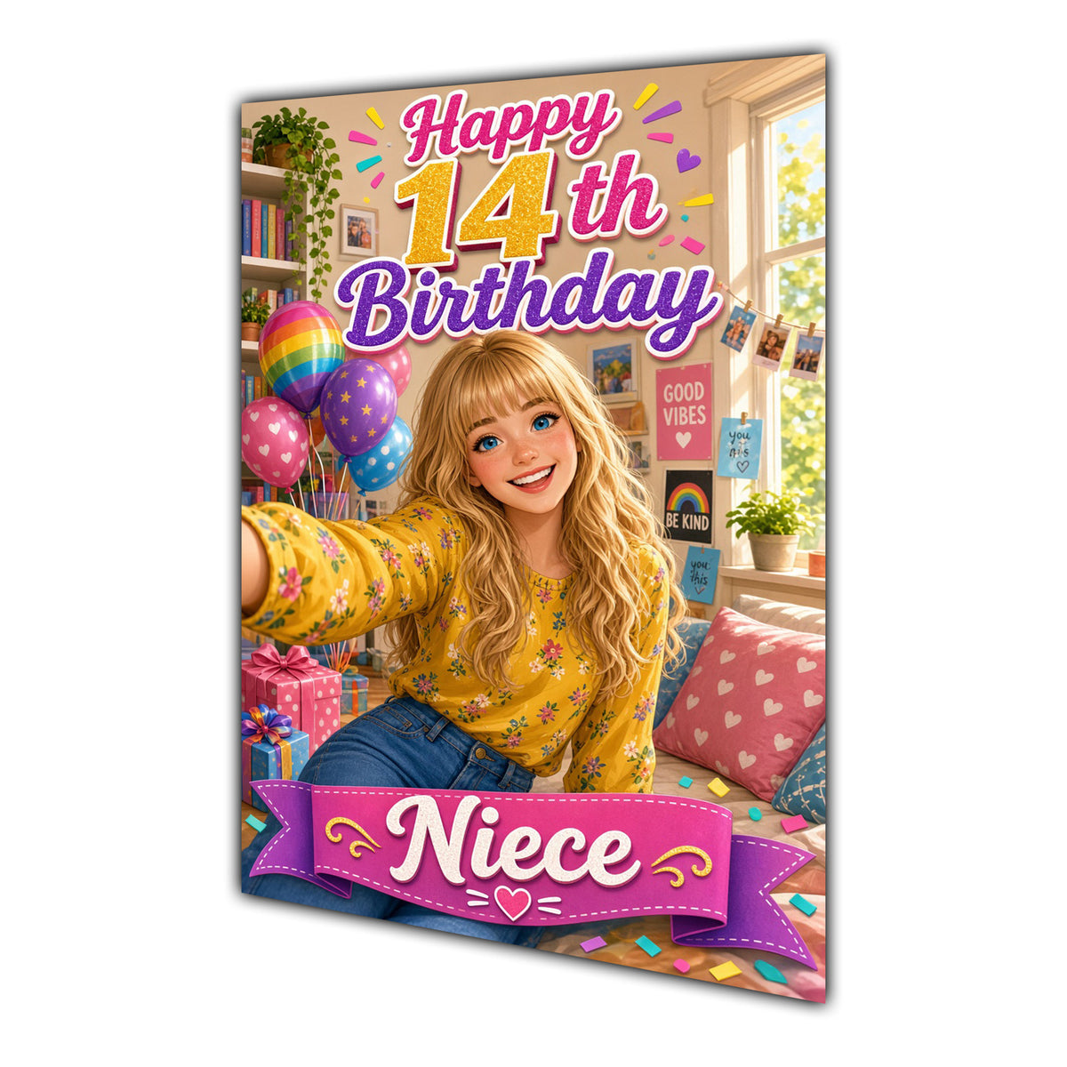 Happy 14th Birthday Colourful Bedroom Greeting Card A5