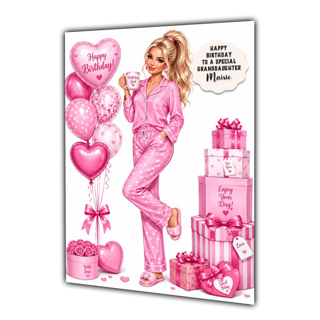 Personalised Birthday Card Women Pyjamas Coffee Tea Daughter Niece A5 Size