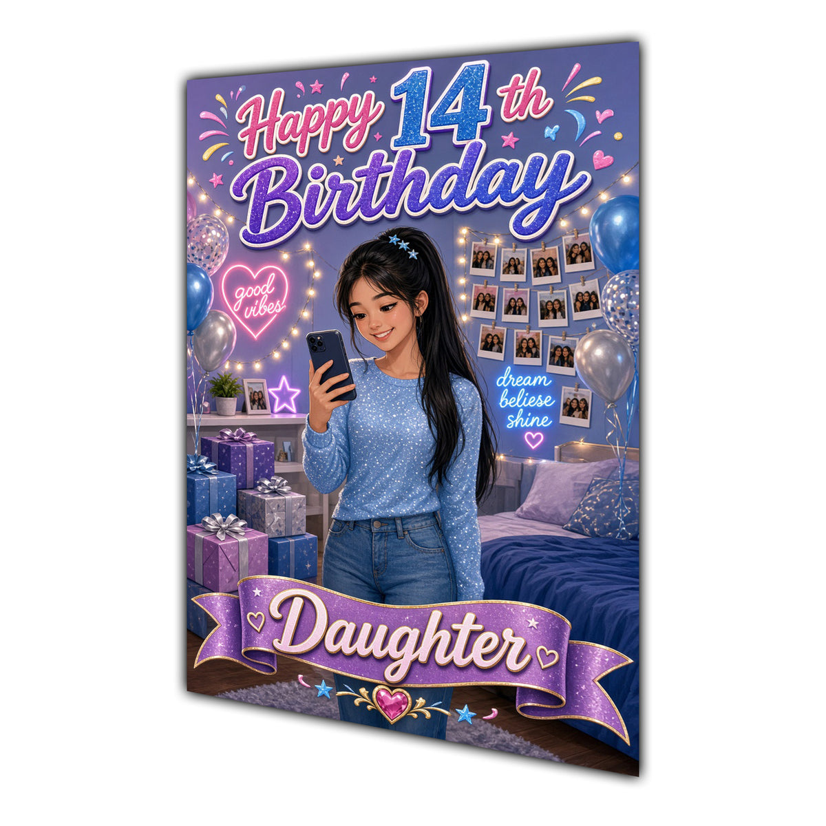 Happy 14th Birthday Colourful Bedroom Greeting Card A5