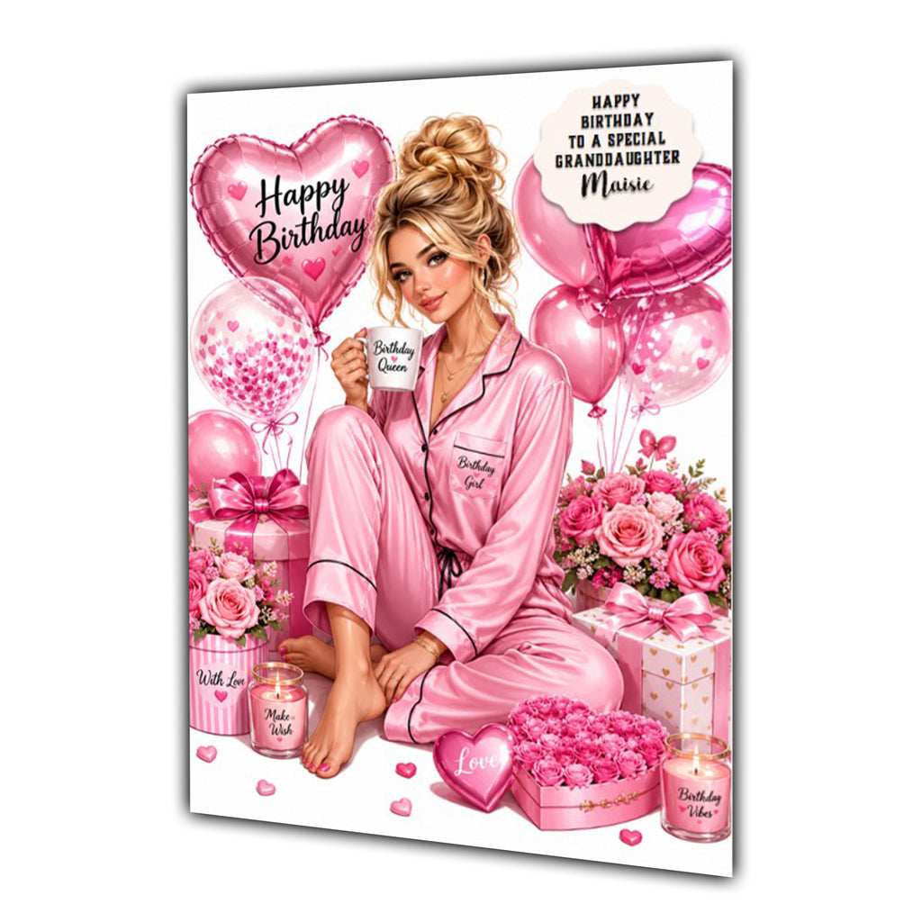 Personalised Birthday Card - Woman in Pyjamas with Birthday Presents