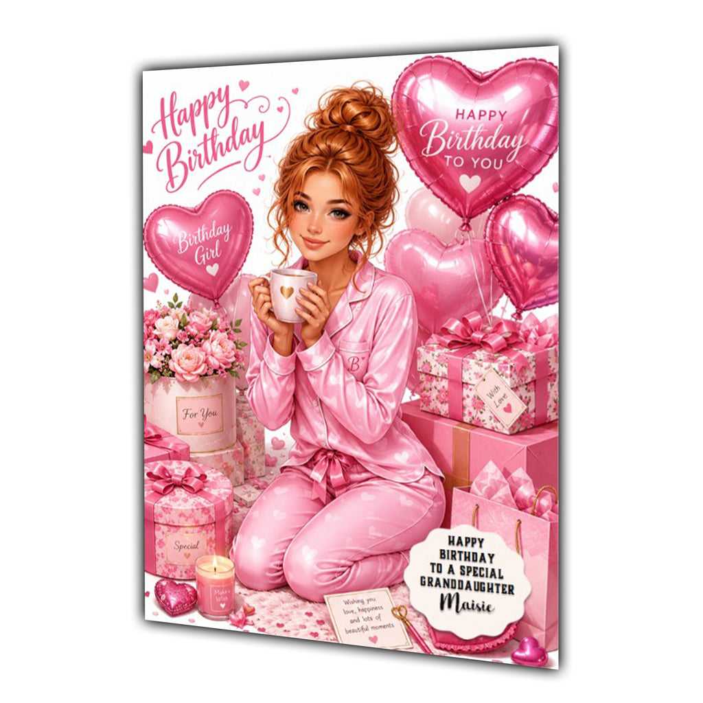 Personalised Birthday Card Ginger Women Pyjamas Coffee Tea Daughter A5 Size