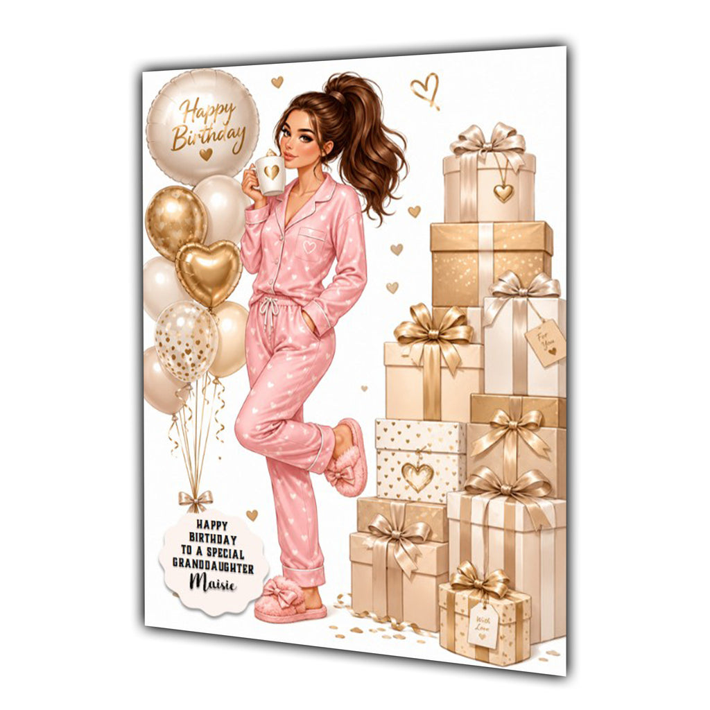 Personalised Birthday Card Women Pyjamas Coffee Tea Daughter Niece A5 Size