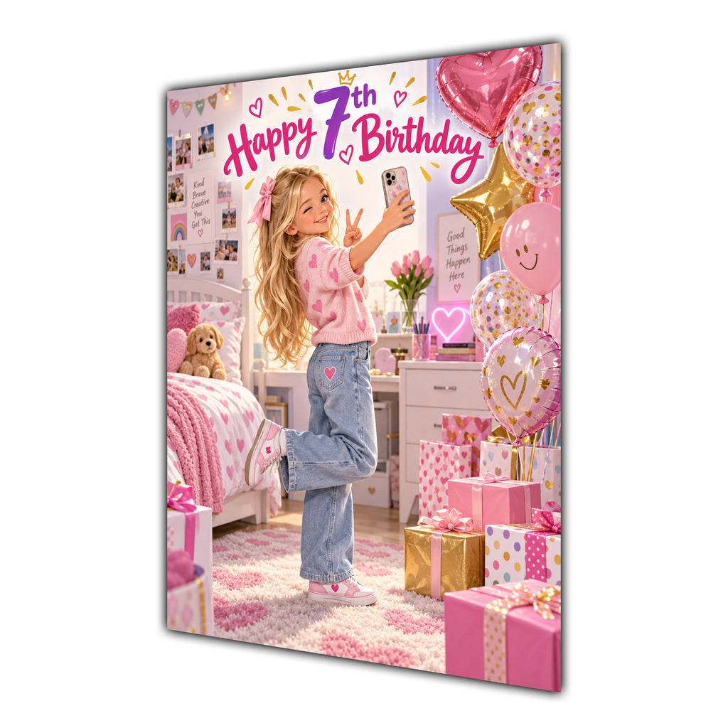 Happy 7th Birthday Girl Pink Bedroom Selfie Greeting Card A5