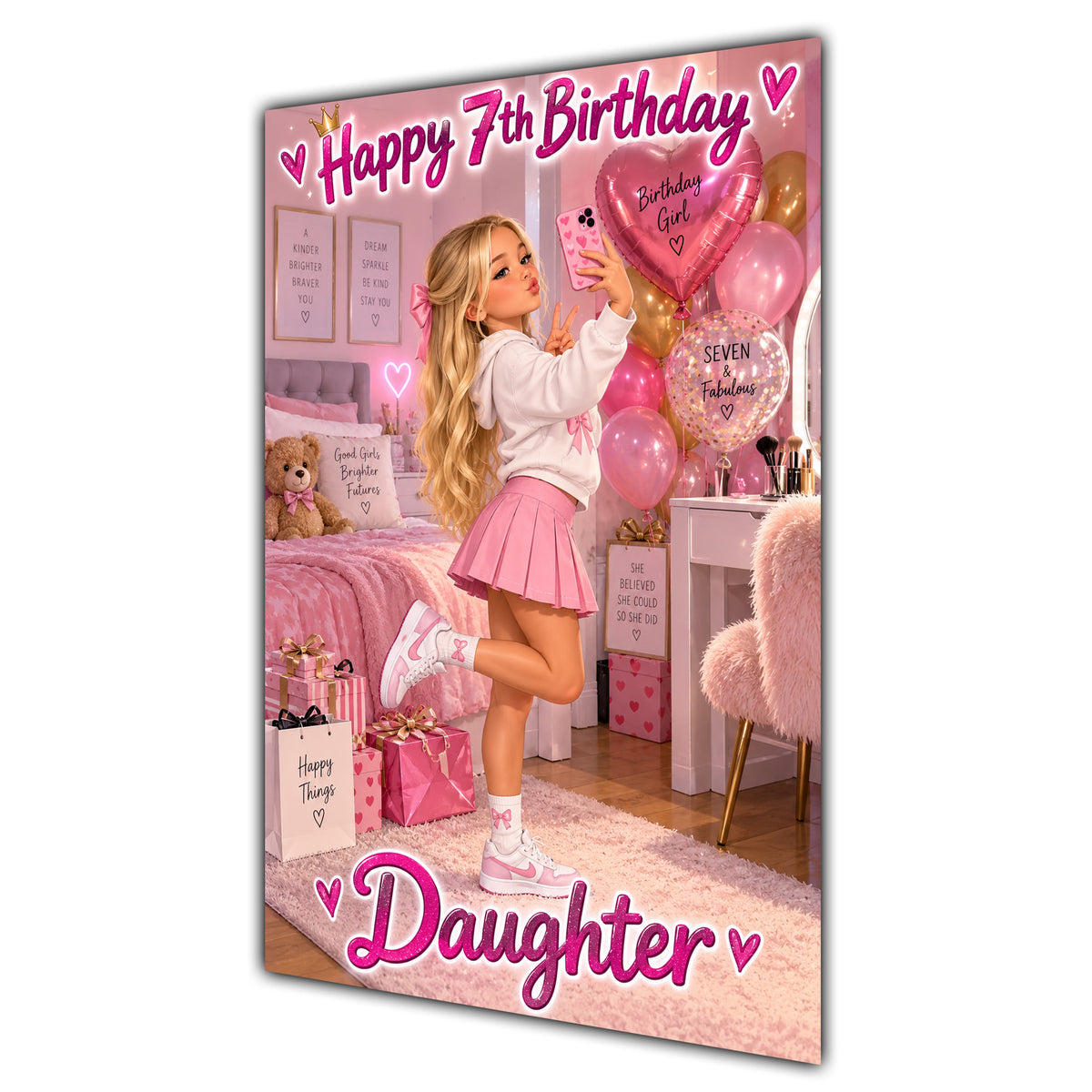 Happy 7th Birthday Daughter Pink Bedroom Selfie Greeting Card A5