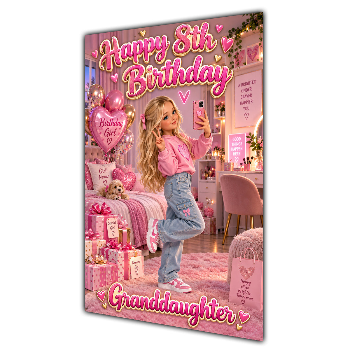 Happy 8th Birthday Granddaughter Pink Bedroom Selfie Greeting Card A5