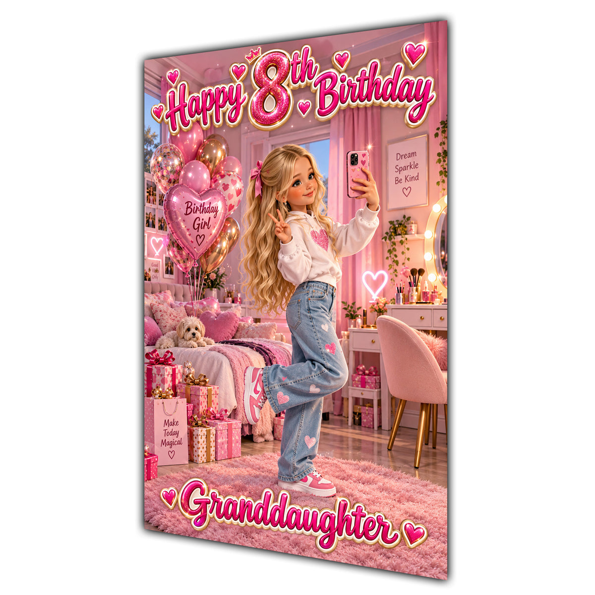 Happy 8th Birthday Granddaughter Pink Bedroom Selfie Greeting Card A5