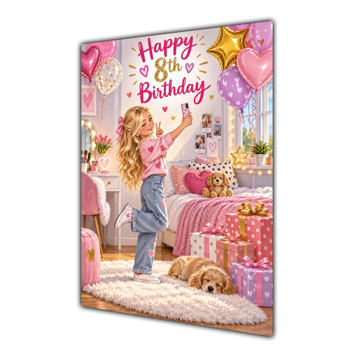 Happy 8th Birthday Girl Pink Bedroom Selfie Greeting Card A5