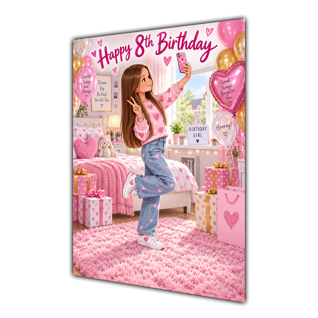 Happy 8th Birthday Girl Pink Bedroom Selfie Greeting Card A5