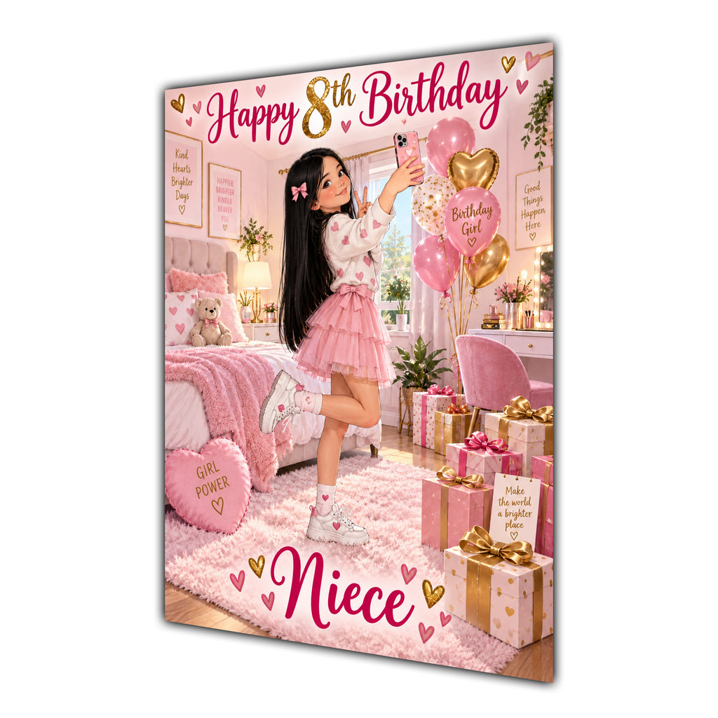 Happy 8th Birthday Niece Pink Bedroom Selfie Greeting Card A5