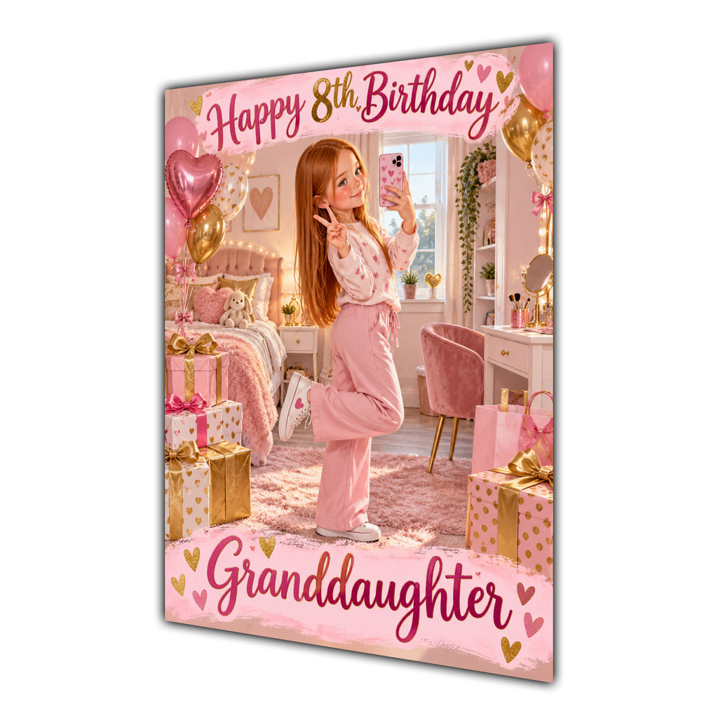 Happy 8th Birthday Granddaughter Pink Bedroom Selfie Greeting Card A5