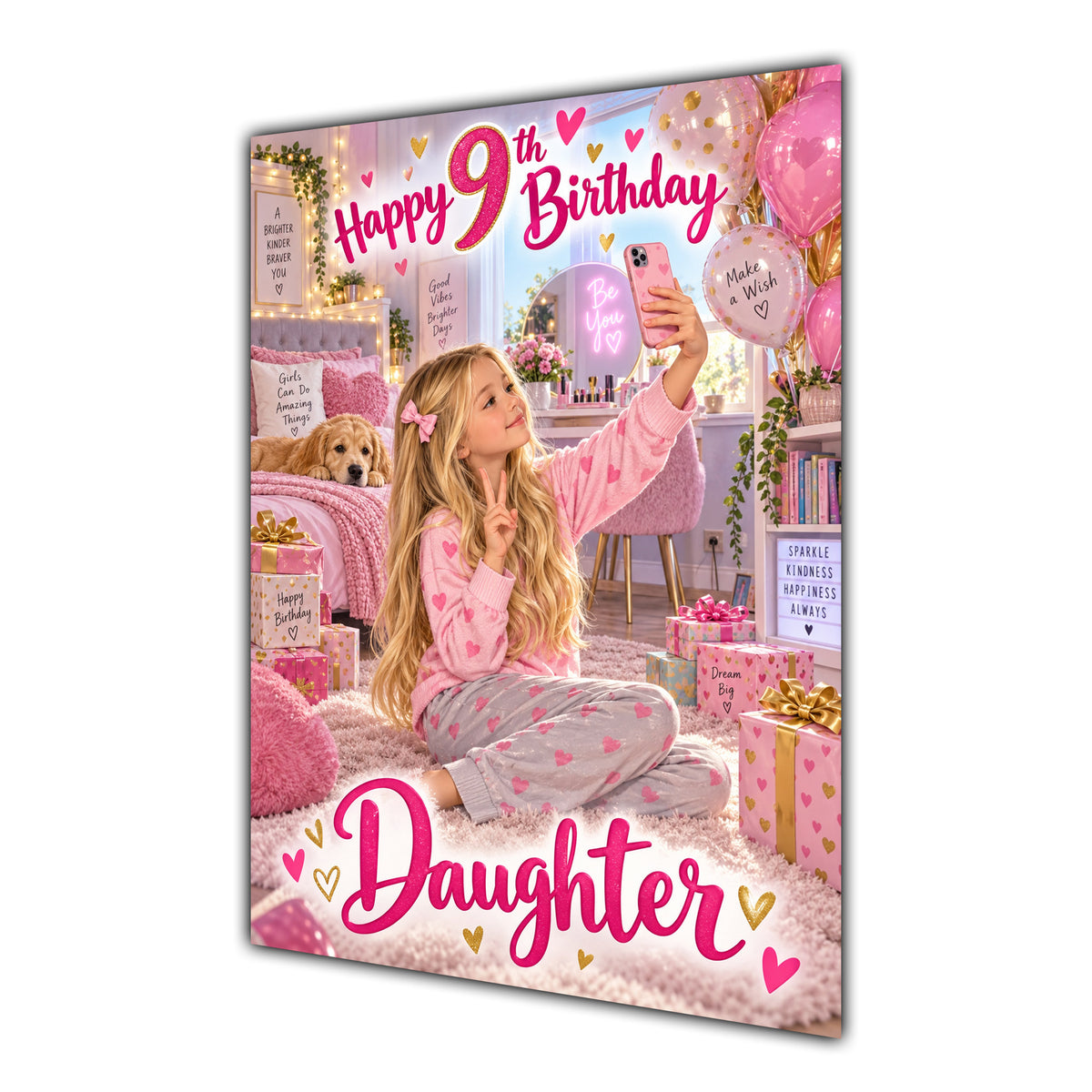 Happy 9th Birthday Daughter Pink Bedroom Selfie Greeting Card A5