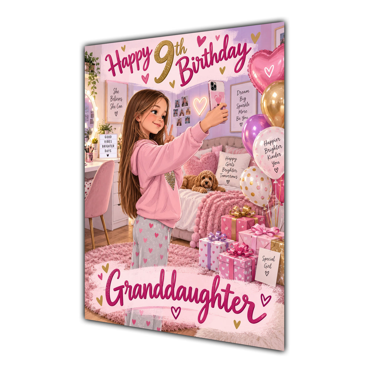 Happy 9th Birthday Granddaughter Pink Bedroom Selfie Greeting Card A5