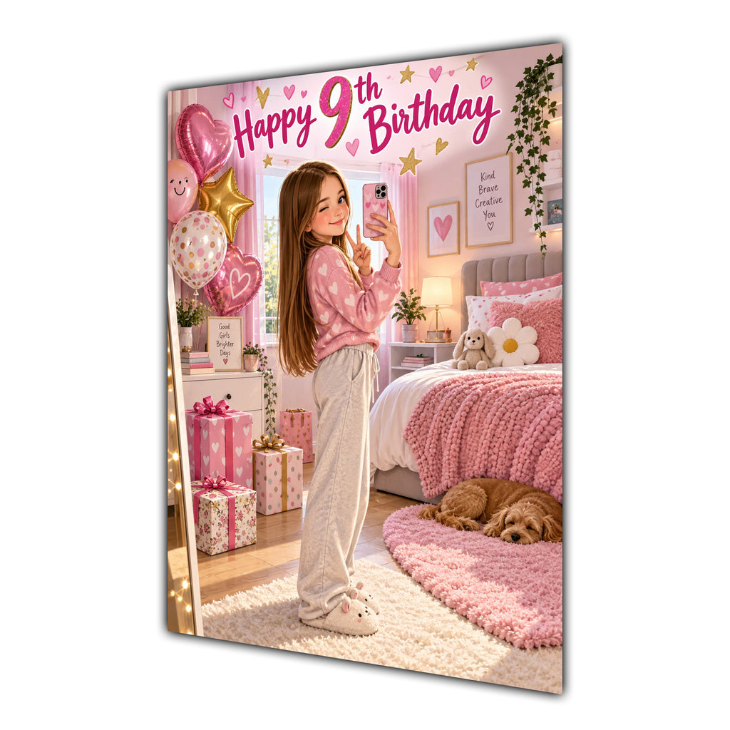 Happy 9th Birthday Girl Pink Bedroom Selfie Greeting Card A5