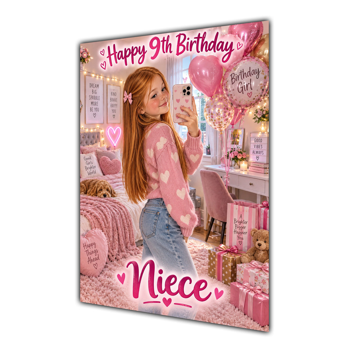 Happy 9th Birthday Niece Pink Bedroom Selfie Greeting Card A5